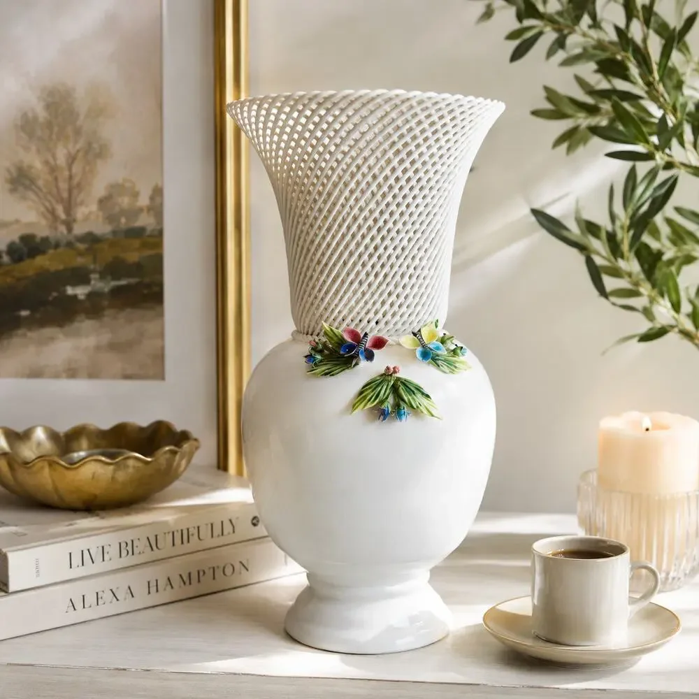 Lahuerta Manises Spain Lattice Vase Applied Flowers Butterflies 12.75